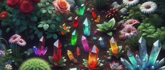 A lush garden with vibrant flowers and shimmering crystals.