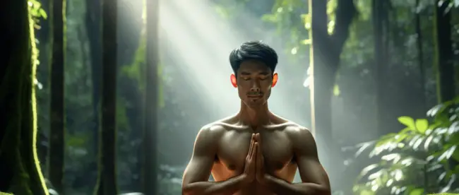 A South Asian man sitting cross-legged in a meditative posture, eyes closed and hands resting on his knees, surrounded by vibrant crystals in a serene