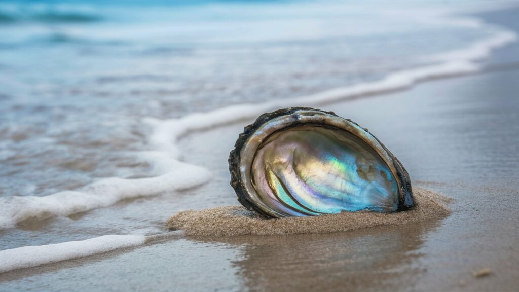 Seashell on sandy beach with ocean waves.