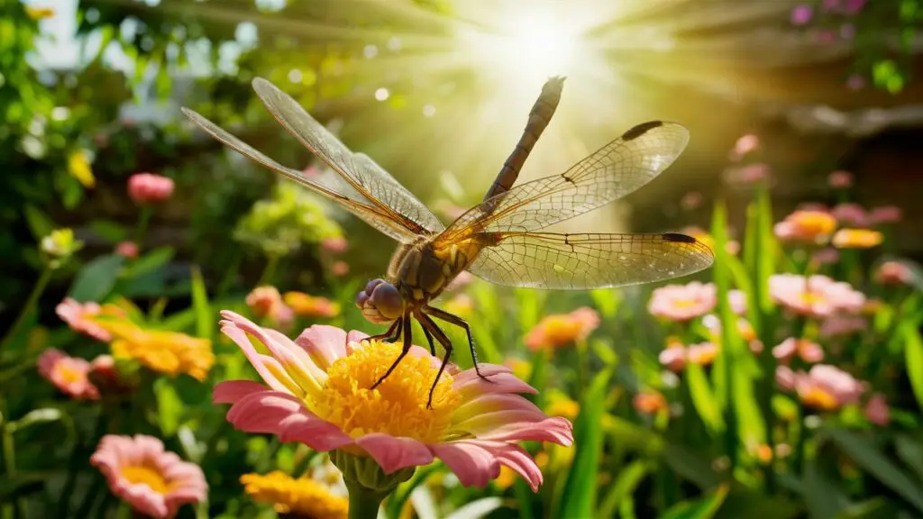 Dragonfly on flower in sunlight