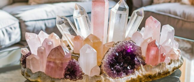 Colorful crystals on glass coffee table