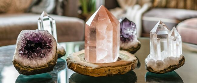 Healing crystals on a glass coffee table.