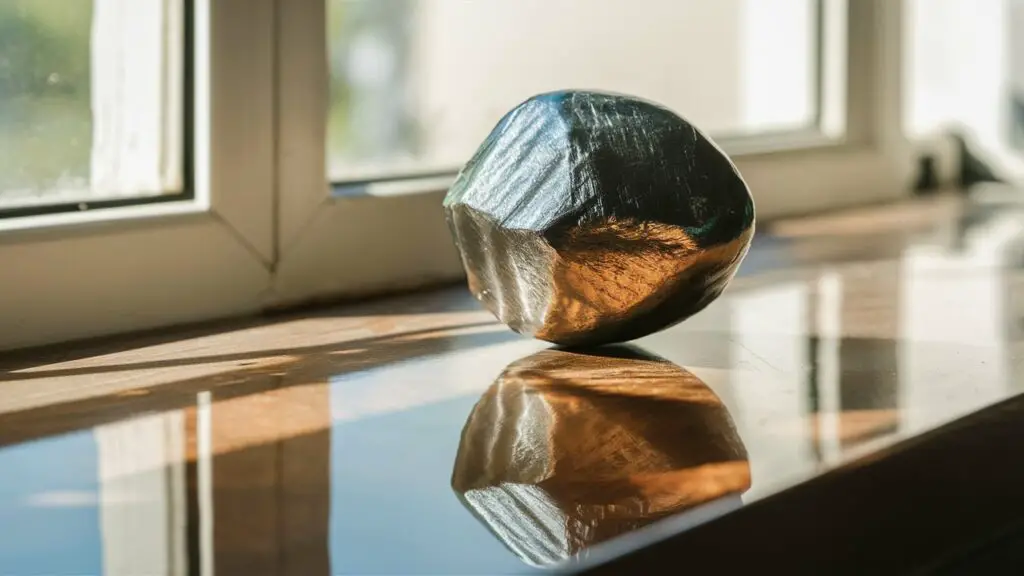 Modern sculpture on a reflective windowsill