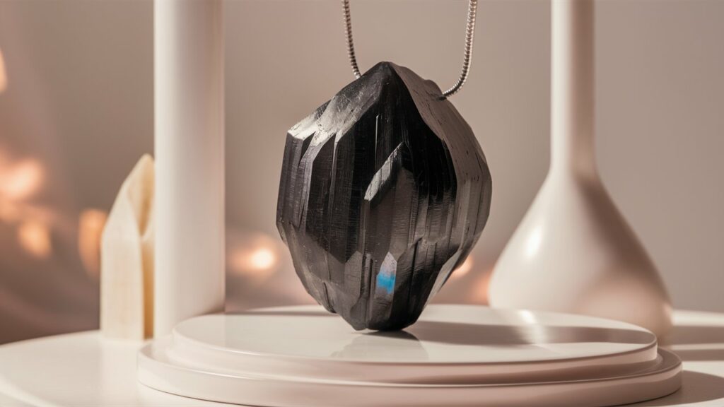 Black crystal pendant on display stand