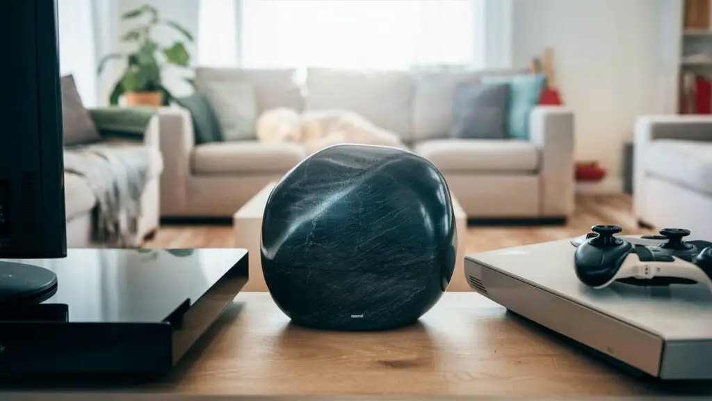 Modern living room with tech gadgets.