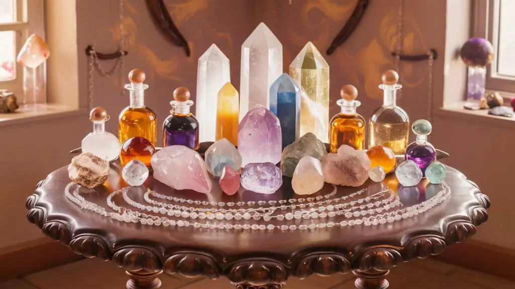 Assorted crystals and potion bottles on ornate table.