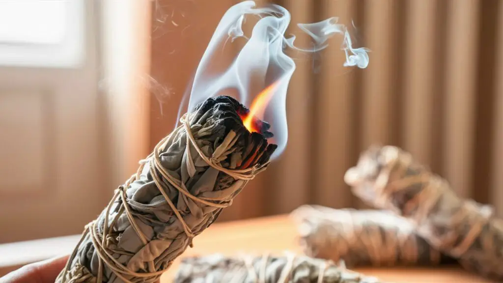 Burning sage emitting smoke indoor