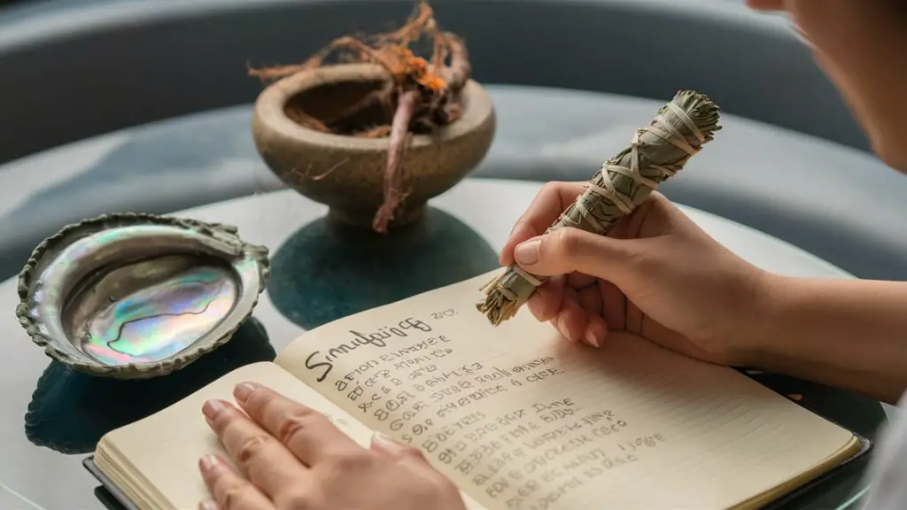 Person writing about smudging rituals in a journal