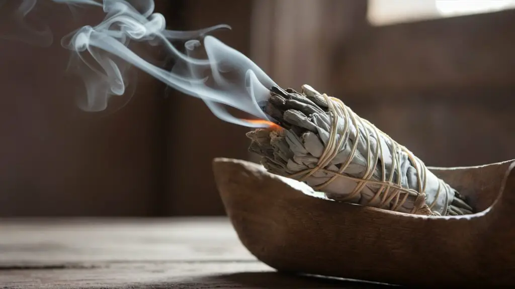 Burning sage smudge stick in wooden bowl