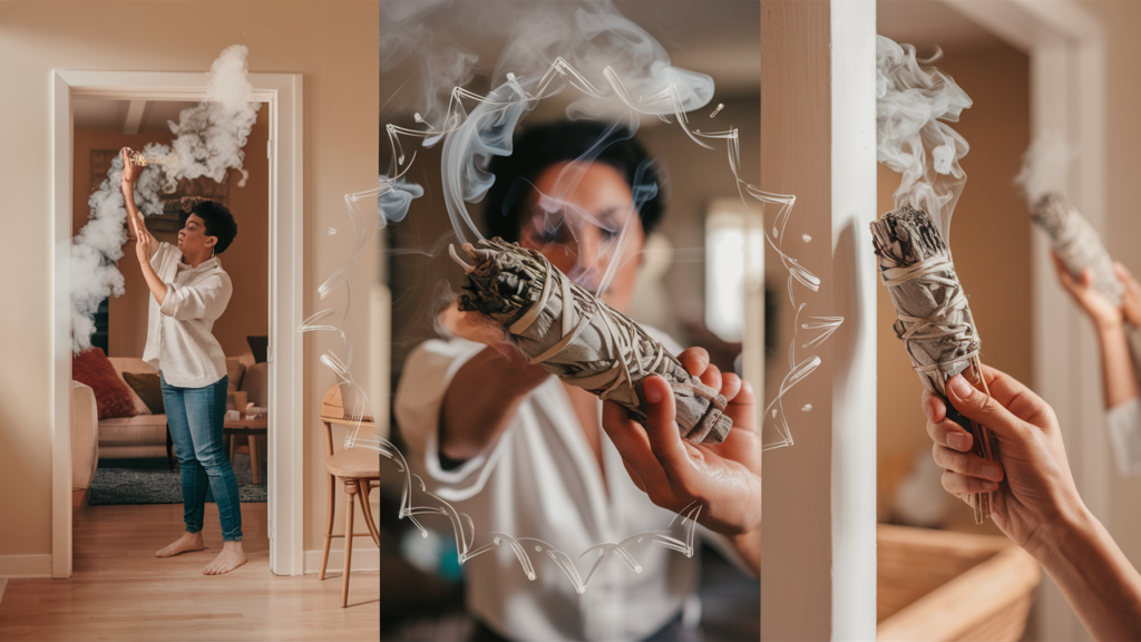 Person cleansing home with sage smudge stick.