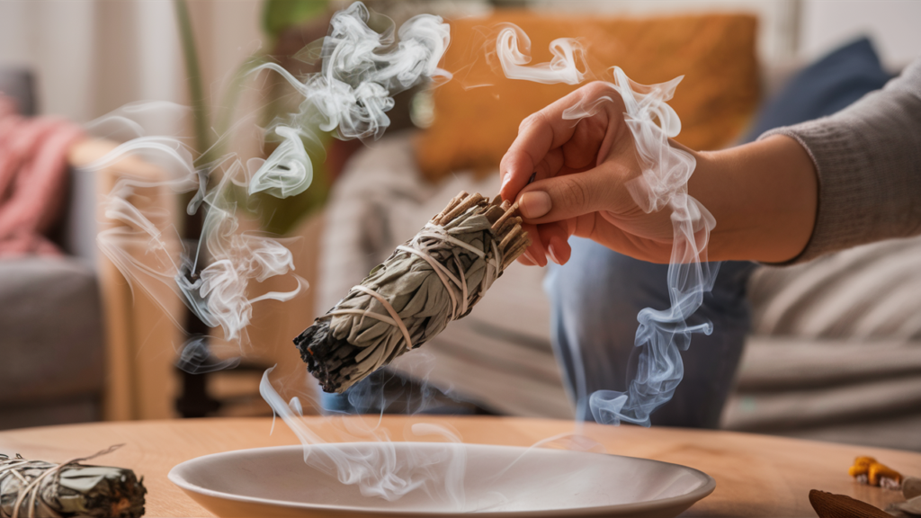 Hand holding burning sage smudge stick indoors