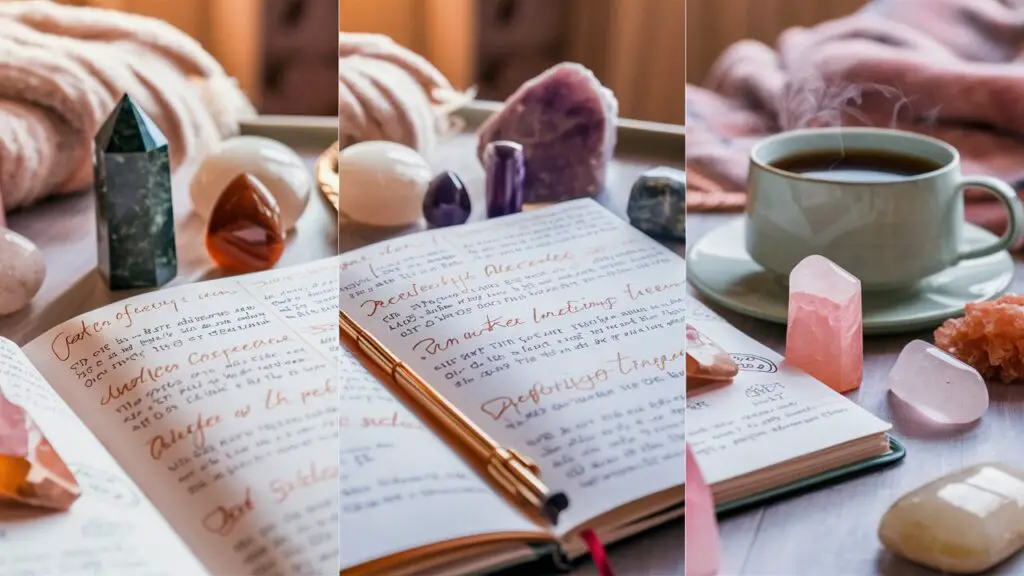 Journal, crystals, and coffee on a cozy table.