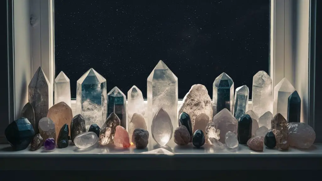 Various crystals on a windowsill with starry background.