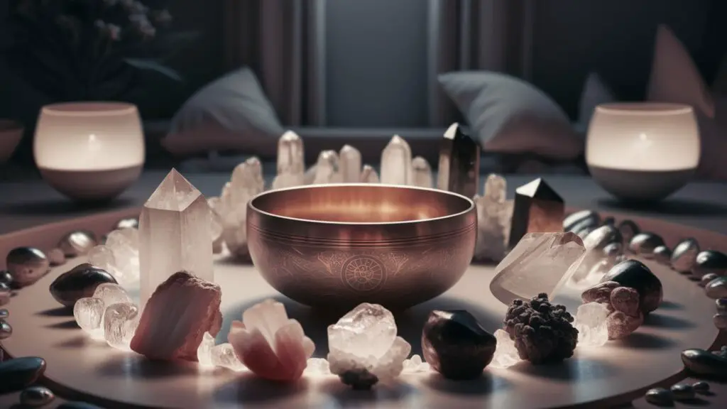 Meditation bowl surrounded by healing crystals.