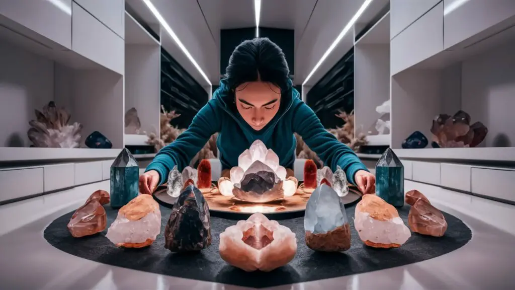 Person arranging various crystals on a table.