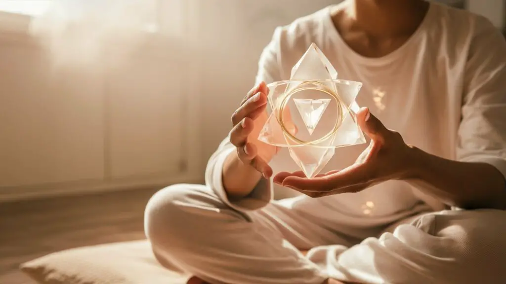 Person holding a geometric crystal object.