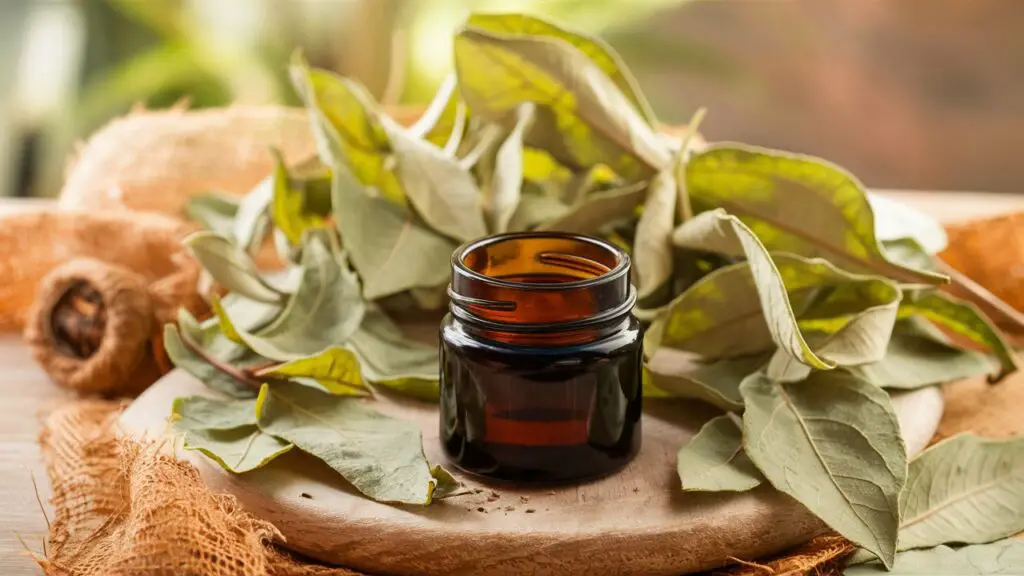 Eucalyptus leaves and amber jar on wooden surface.