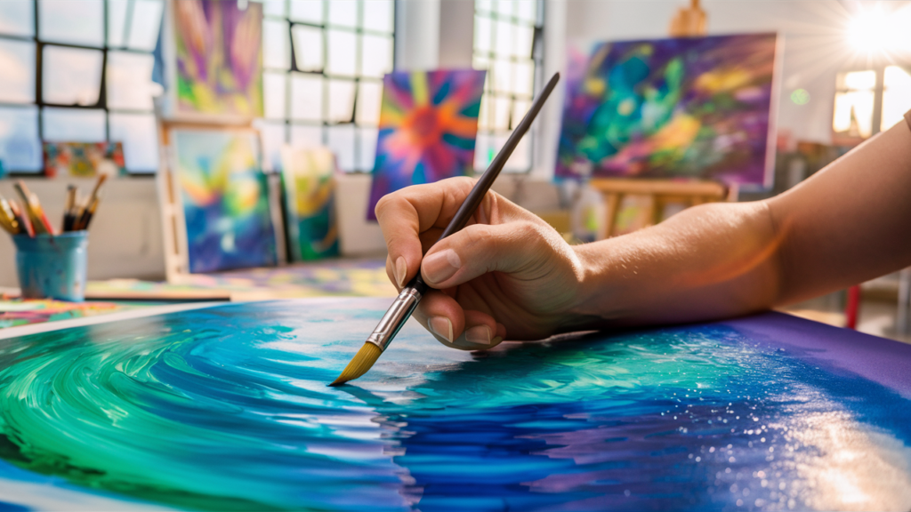 Artist painting vibrant abstract artwork in studio.