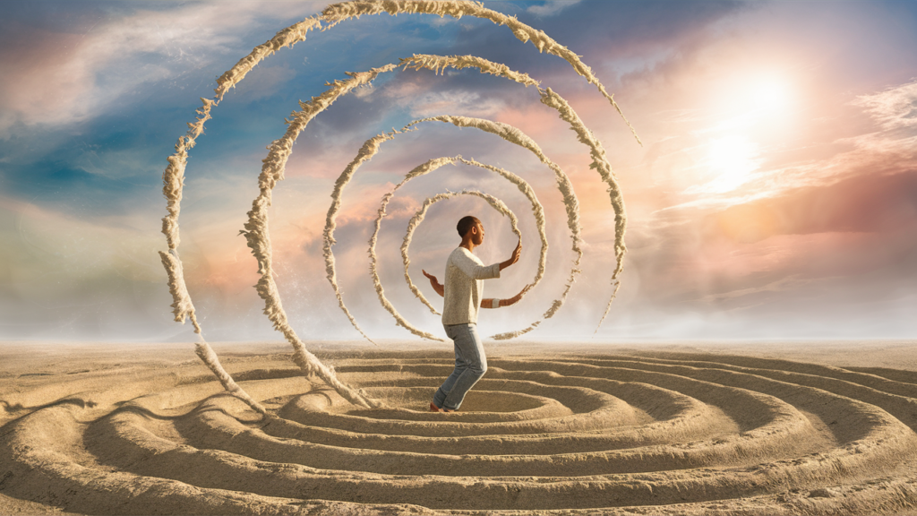 Person in spiral sand artwork at sunset