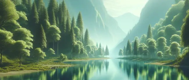 Tranquil lake reflecting lush green trees and towering mountains.