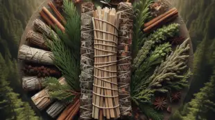 A beautifully assembled cedar smudge stick, meticulously wrapped, is nestled among fresh cedar branches and assorted herbs. The earthy tones of rich b