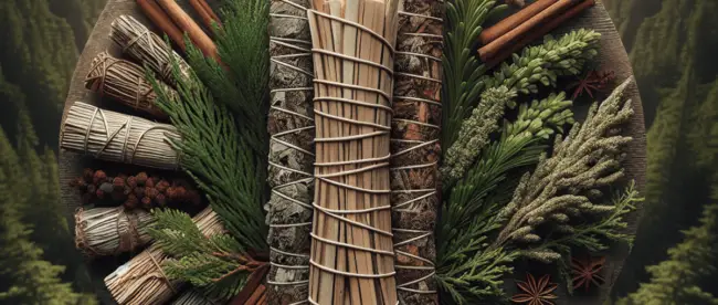 A beautifully assembled cedar smudge stick, meticulously wrapped, is nestled among fresh cedar branches and assorted herbs. The earthy tones of rich b