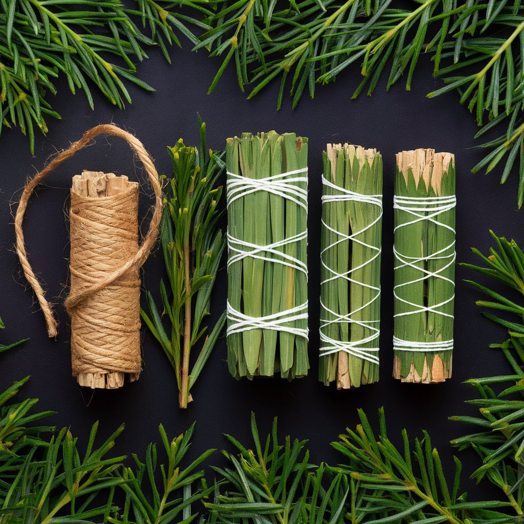 Herb bundles wrapped with twine and string