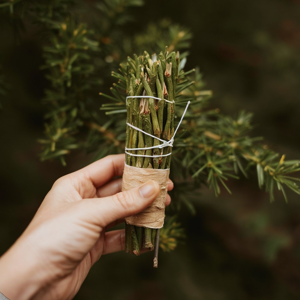 Hand holding a bundle of herbs