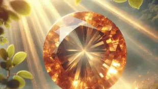 A close-up image of a shimmering sunstone gemstone, showcasing its vibrant golden hues and captivating aventurescence. The background features soft, n