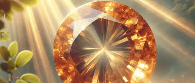 A close-up image of a shimmering sunstone gemstone, showcasing its vibrant golden hues and captivating aventurescence. The background features soft, n