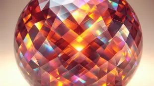 A close-up image of a stunning Rainbow Lattice Sunstone gemstone, showcasing its intricate lattice pattern and vibrant warm colors, including fiery re