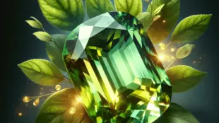 A close-up image of a vibrant chrysolite gemstone, showcasing its glowing greenish-yellow hue with intricate color gradations and crystal-clear clarit