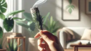 A close-up of a Hispanic person's hand gently holding a lit rosemary smudge stick, with delicate wisps of smoke rising gracefully into the air. The ba