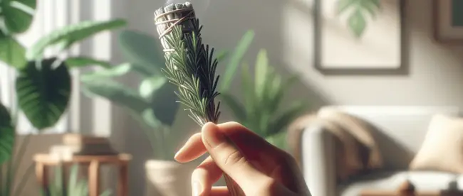 A close-up of a Hispanic person's hand gently holding a lit rosemary smudge stick, with delicate wisps of smoke rising gracefully into the air. The ba