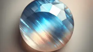 A close-up view of a blue, gray, and peach shaded rainbow moonstone gemstone, showcasing its captivating play of colors with a mystical allure against