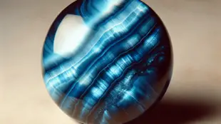 A close-up view of a polished Blue Tiger Eye gemstone showcasing its deep blue hue and shimmering chatoyant effect, placed on a soft, neutral backgrou