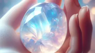 A hyper-realistic depiction of an opalite stone, showcasing its milky and translucent qualities with a captivating play of colors, set against a softl