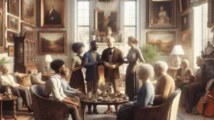 A multi-generational family gathered in a luxurious living room, featuring two black young adults warmly interacting with a Caucasian elder. The room