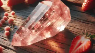 A piece of strawberry quartz crystal showcasing its pinkish-red hue and sparkling inclusions, resting on a natural wooden background. Soft light highl