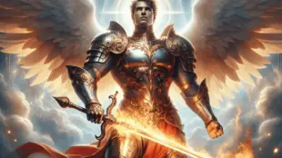 A strong, Caucasian male figure symbolizes Archangel Michael, clad in bright, shining armor that reflects light. He stands confidently with a fiery sw