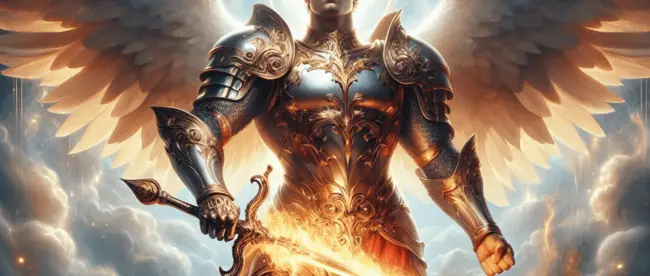 A strong, Caucasian male figure symbolizes Archangel Michael, clad in bright, shining armor that reflects light. He stands confidently with a fiery sw