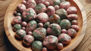 Aesthetic arrangement of unakite stones, showcasing their unique pink and green hues, placed on a natural wooden surface. The scene is illuminated by