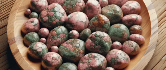 Aesthetic arrangement of unakite stones, showcasing their unique pink and green hues, placed on a natural wooden surface. The scene is illuminated by