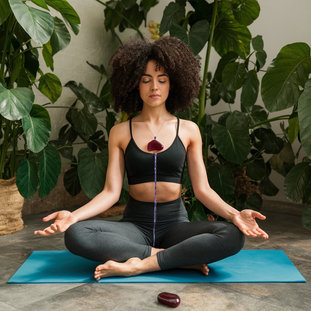 Woman meditating with crystal on yoga mat.