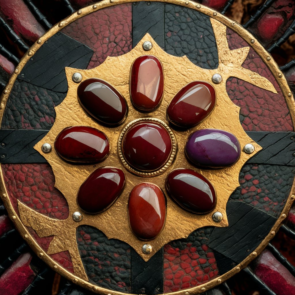 Gothic-style decorative shield with gemstones.