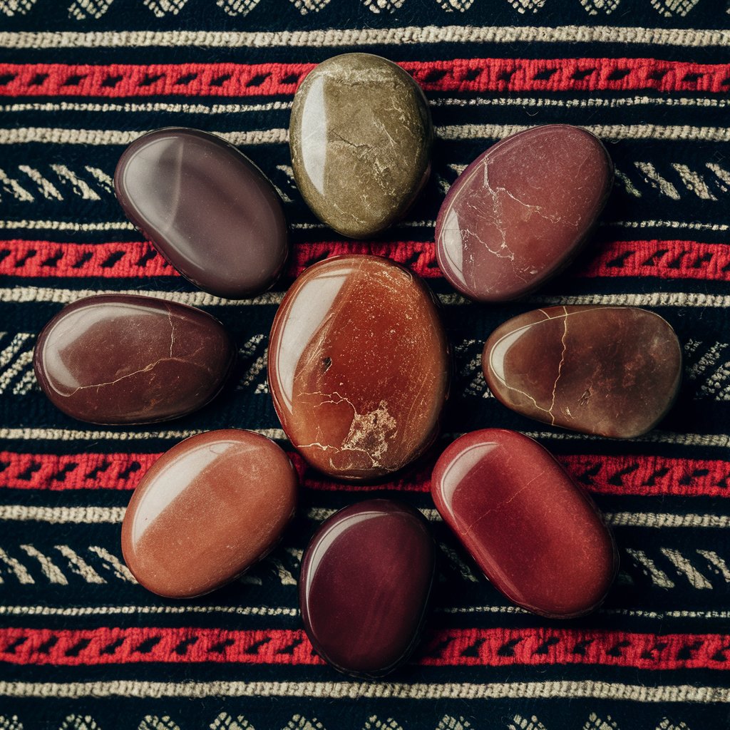 Polished stones on woven textile background.