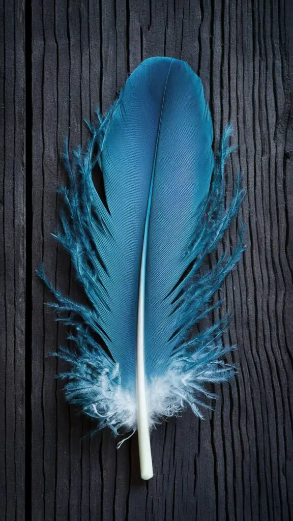 Blue feather on dark wooden background