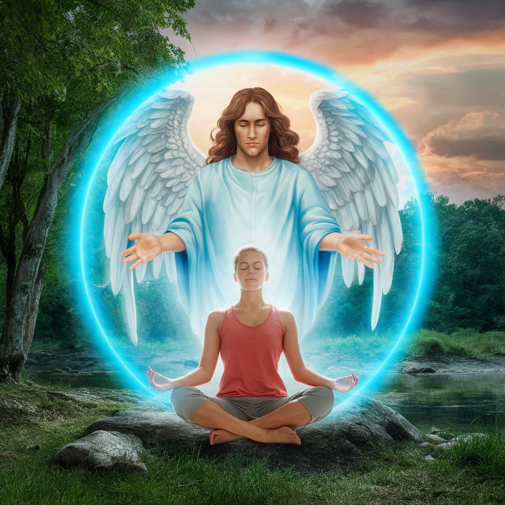 Meditating woman with glowing angel behind her.