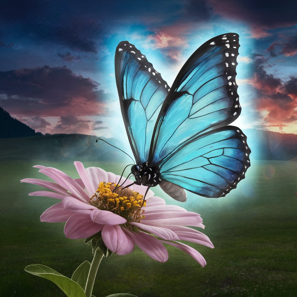 Blue butterfly on pink flower at sunset.