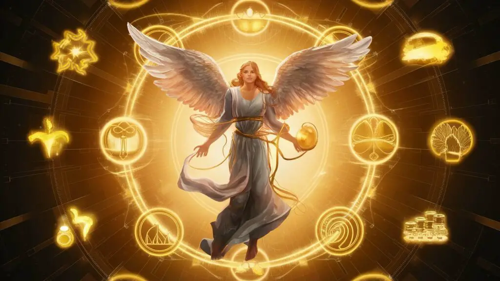 Angel with wings surrounded by golden symbols.